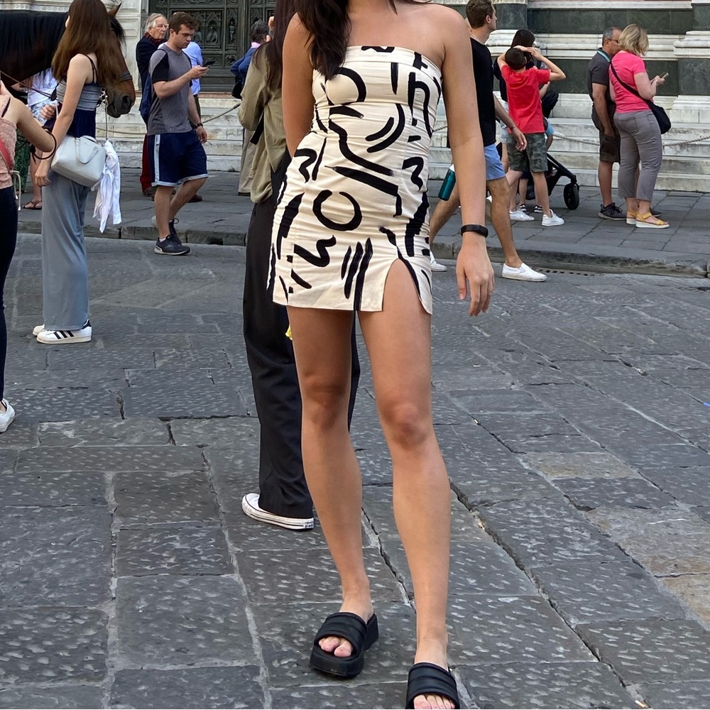 Abstract geometric mini strapless dress